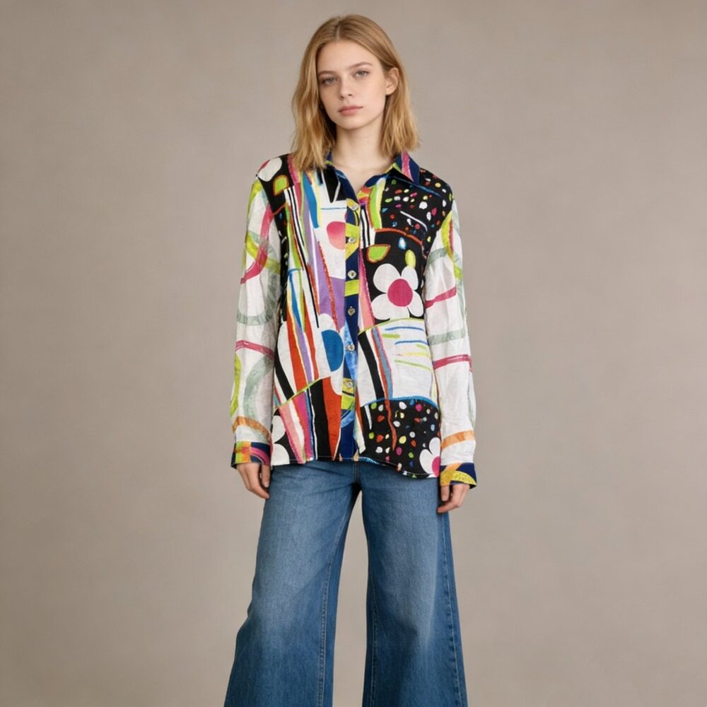 NWOT John Mark Floral Long Sleeve Multicolor Shirt Blouse Top Size M